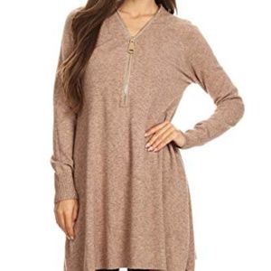Solid Color Beige Tunic Top with Long Sleeve